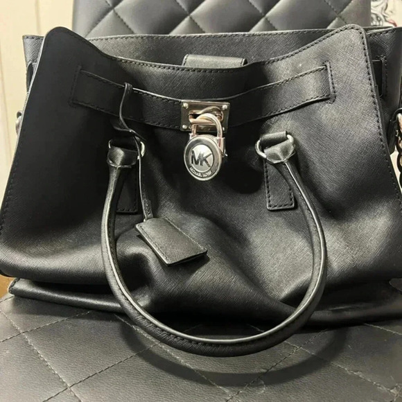 Michael Kors Collection Handbags - Michael Kors Hamilton Saffiano Leather Medium Satchel, Black w/ Silver Hardware